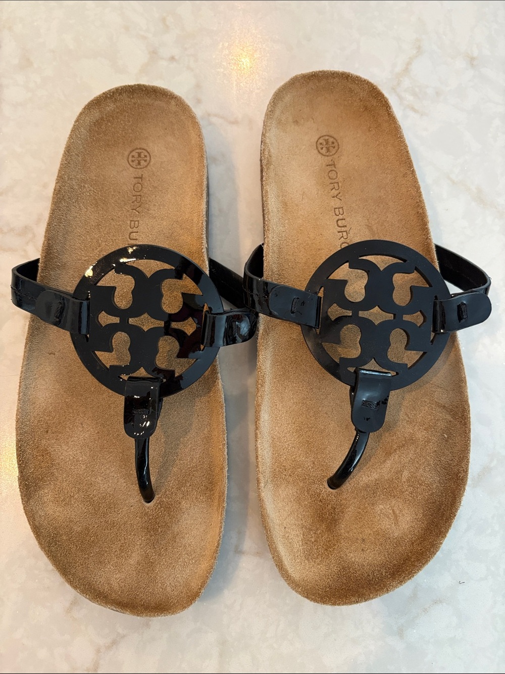 Tory Burch Black Patent Miller Cork Sandals size 9.5
